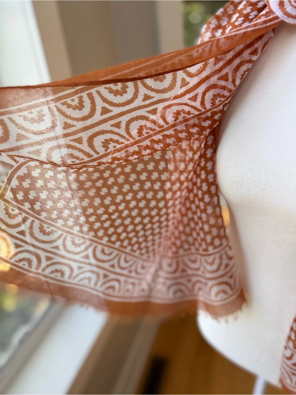 Vintage Orange and White Patterned Rectangle Wrap Scarf with Fringe